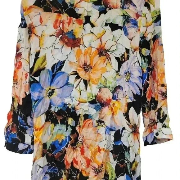 Cupio Women's Black, White & Bright Multicolor Viscose Floral Button Down Shirt - Picture 7 of 12